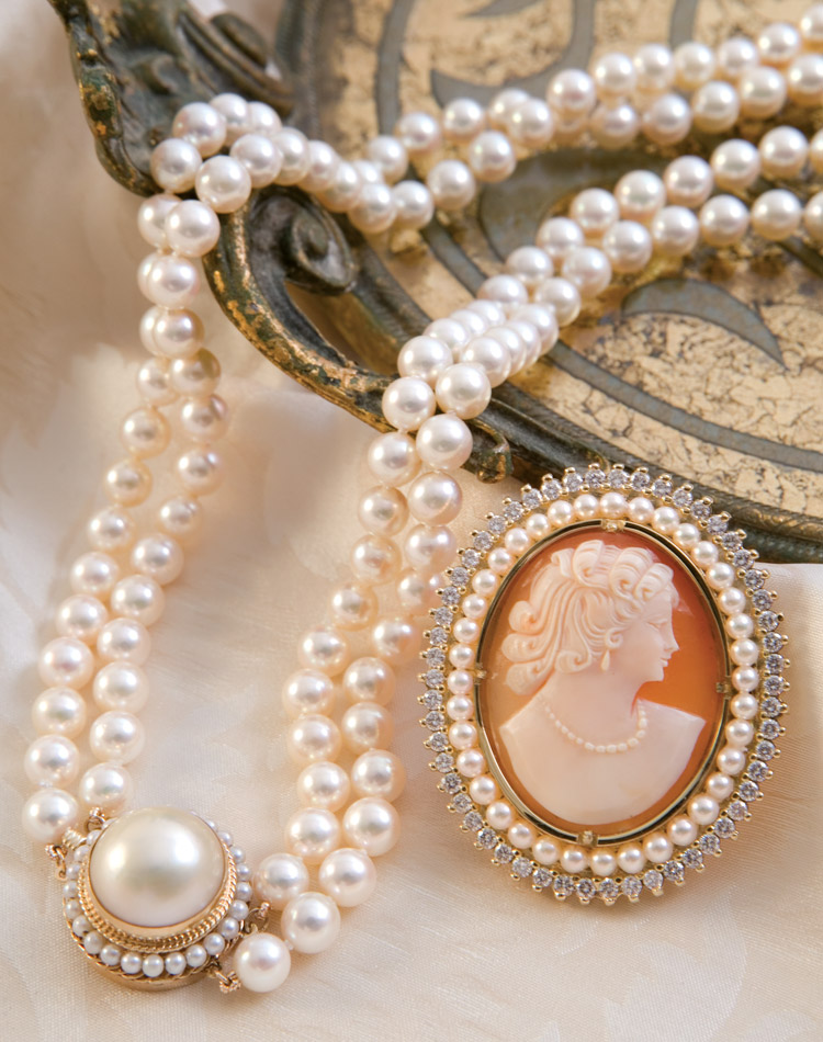 A double strand of pearls is updated with an exquisite new clasp.