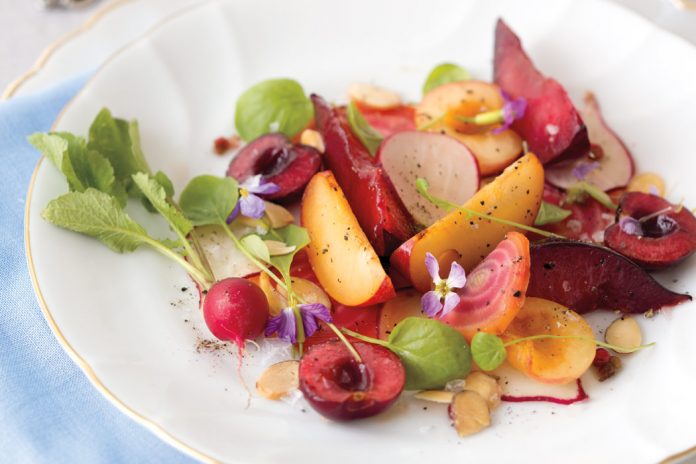 Contrasting with the sweetness of this assemblage, thinly sliced radishes, crisp tendrils of watercress, and a glaze of pink-peppercorn- citrus syrup add a depth of flavor to Cherries, Plums, Nectarines, and Beets.