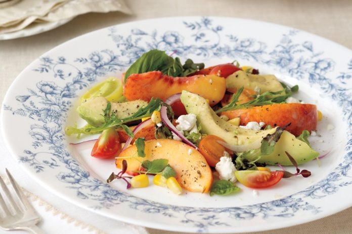Savor the freshest of fare with Summer- Harvest Salad. Sun-kissed peaches and plumcots meet a garden variety of favorites in this delightful dish.