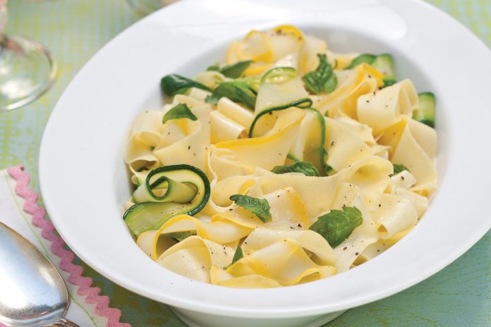Pappardelle with Summer-Squash Ribbons features the savory Italian flat pasta defined by its wide, rippling shape & paired with zucchini & summer squash.