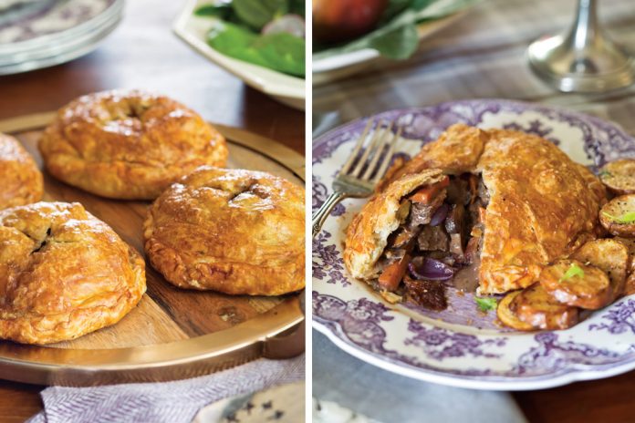 Like gift-wrapped packages, savory Beef Pasties promise a delightful reward. Flaky rounds of golden puff pastry envelop a mixture of filet & vegetables.