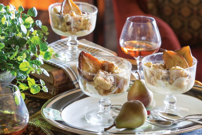 azelnut Sponge Trifles with Brandy-Roasted Miniature Pears