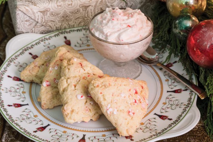 White Chocolate Peppermint Scones with Candy Cane Cream