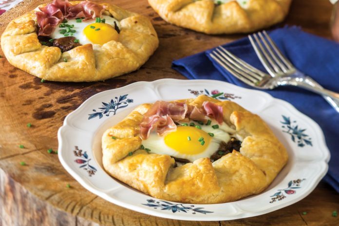 Egg-Topped Prosciutto, Mushroom, and Goat Cheese Galettes