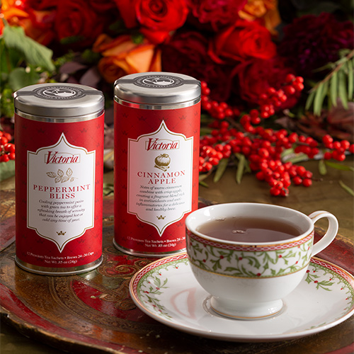 Victoria Holiday Teas in red canister with holiday tea cup