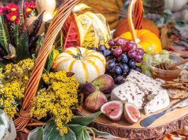 Fall Baking Preview - Fall basket full of figs, pumpkin, grapes, and flowers