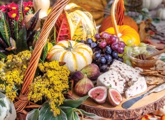Fall Baking Preview - Fall basket full of figs, pumpkin, grapes, and flowers