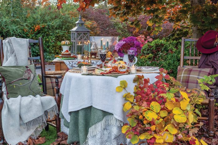 An elegant tabletop picnic is set beneath autumn branches.