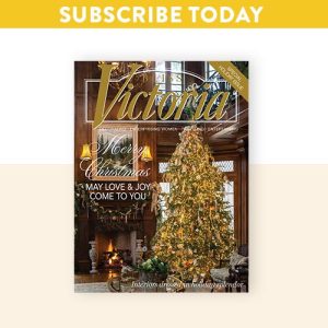 Victoria Magazine's December 2022 Issue Cover with adorned Christmas tree and decorated mantle - subscribe now banner at the top