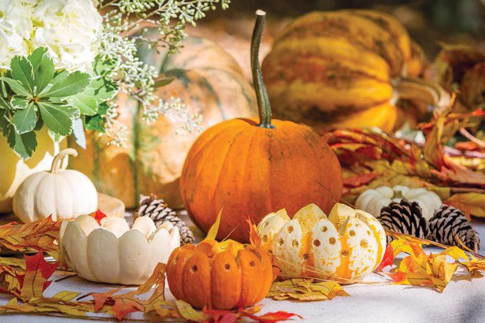 Orange and white pumpkins, some cut into votive candle holders, adorn the table.