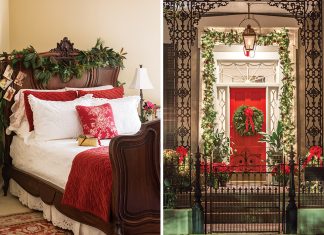 Left: A wooden sleigh bed is dressed in red and white linens and green garland. Right: A cherry red door, as seen on our cover, greets visitors in New Orleans.]