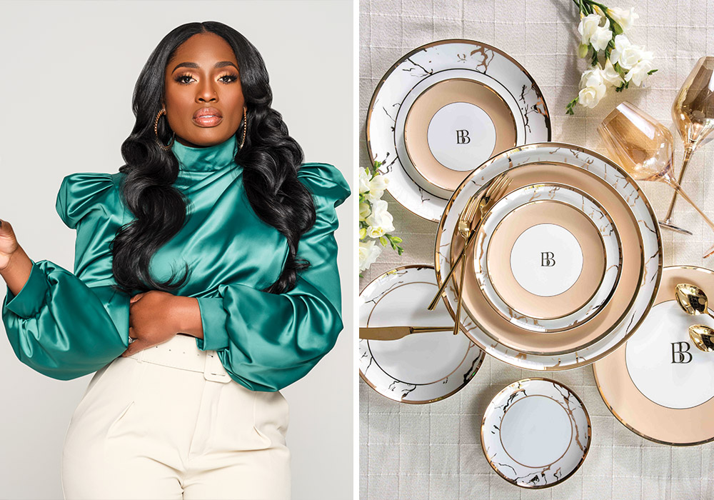 Left: Entrepreneur Nathalie Brooks toasts to the luxuries of life. Right: A collection of Brooks and Bridges table wares are seen from above.