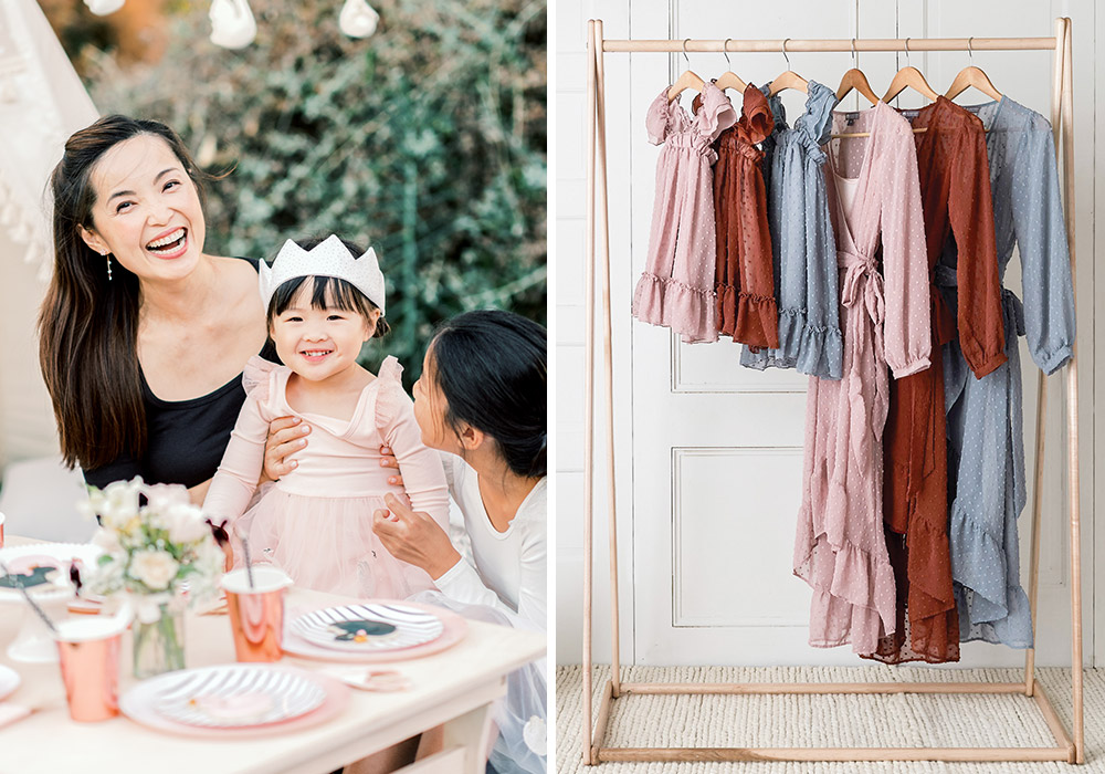 Left: Entrepreneur Judy Jou smiles, seated at a table with a sweet child dressed in pink. Right: A rack of clothing displays articles from EleStory’s matching mother-daughter line.