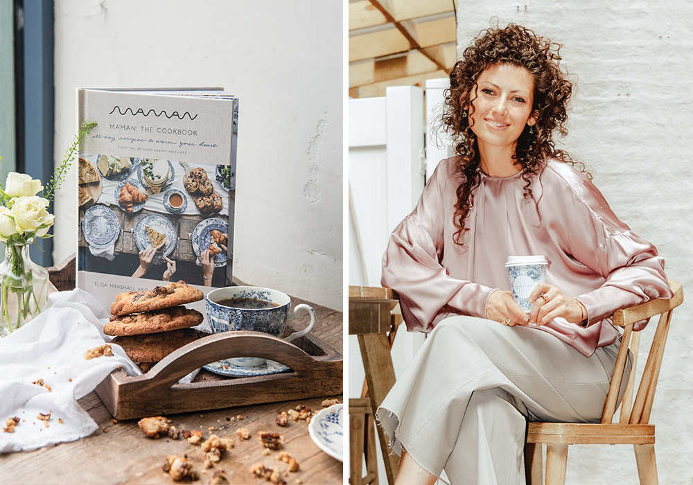 Elisa Marshall sits holding coffee in her café’s classic blue-and-white patterned cup. Left: The Maman cookbook stands displayed beside cookies and a cup of coffee in blue-and-white china.