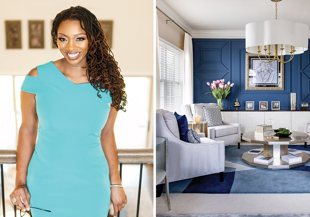 Left: A portrait of designer Nikki Klugh. Right: Deep blue permeates this luxurious sitting area in a home designed by the entrepreneur.