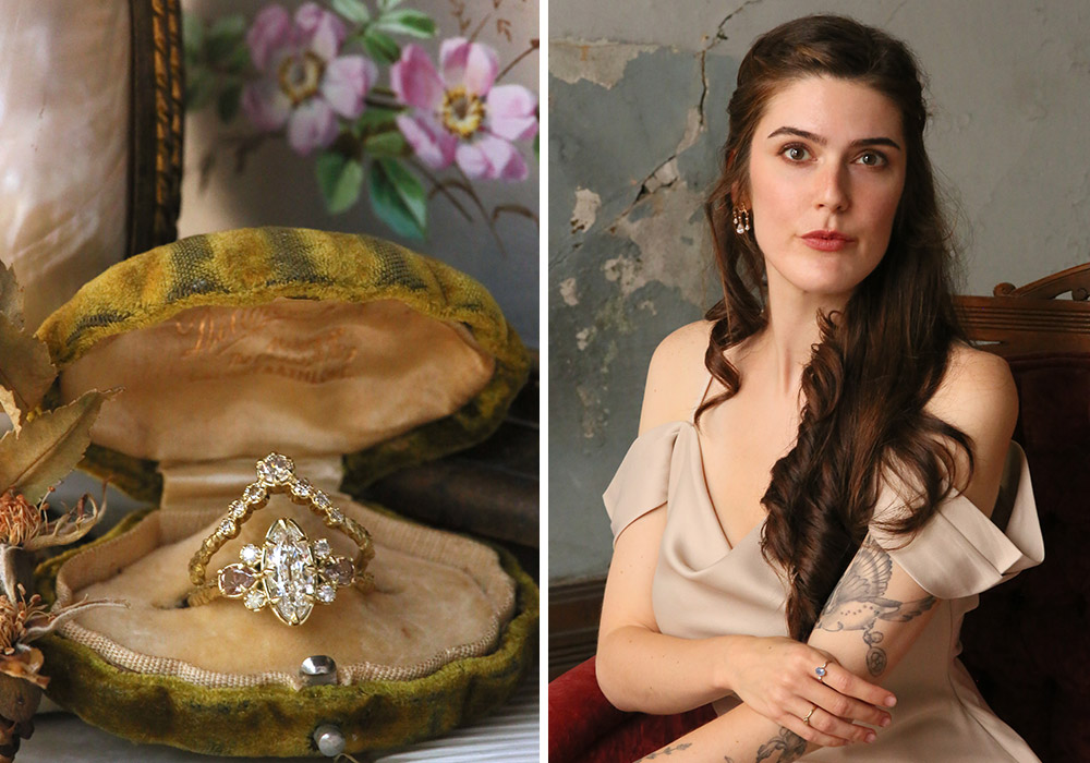 Right: A portrait of entrepreneur Maria Bray. Left: One of Maria’s custom rings sits in a unique shell-shaped box.