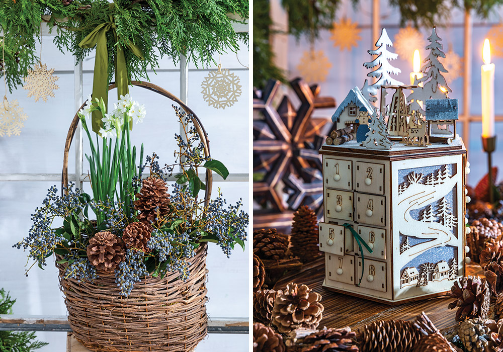 Left: A basket of natural elements, including pinecones and white flowers, is hung by a green ribbon before a window. Right: A wooden advent calendar takes the form of a set of diminutive drawers, one to mark each day of the countdown to Christmas.