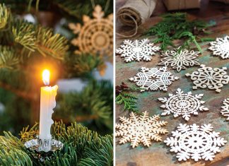 A single candle sits affixed to the branch of an evergreen tree. Right: Laid out in a pleasing pattern, wooden snowflake-shaped ornaments await being placed upon the bough.