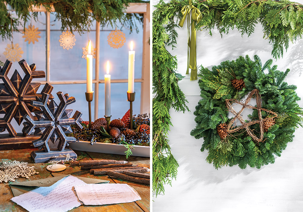Left: Snowflake-shaped trinkets shine in the candlelight, while letters written in rustic wooden pencils await being mailed to loved ones. Right: A grape vine star is fixed at the center of a pinecone and evergreen wreath.