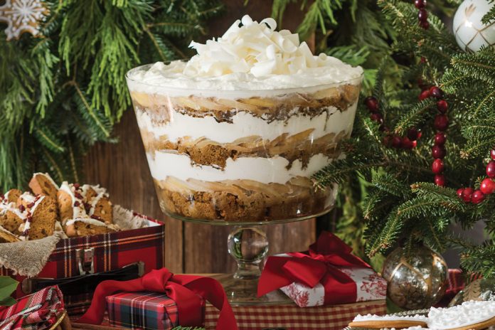 Our Gingerbread-Pear Trifle is surrounded by little wrapped presents.