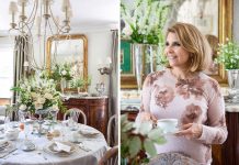 Left: A table set for afternoon tea features a silver centerpiece spilling with white roses. Right: Lisa Richey raises a cup to teatime.