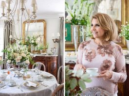 Left: A table set for afternoon tea features a silver centerpiece spilling with white roses. Right: Lisa Richey raises a cup to teatime.