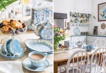 A bright and airy kitchen boasts cottage charm and beautiful blue-and-white Wedgwood china.