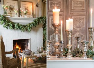 The mantel, often dressed in Christmas stockings, now bears simple evergreen garland and silver candlesticks.