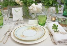 A place setting of white and green awaits a friendly gathering, with sweet twigs of foliage tucked into the napkin and fern imagery on the plates and papers.