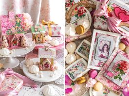 Left: Pale pink craft houses are displayed on cake stands among sweet treasures and wrapped gifts. Right: Handmade cards in Victorian style bear antique motifs.