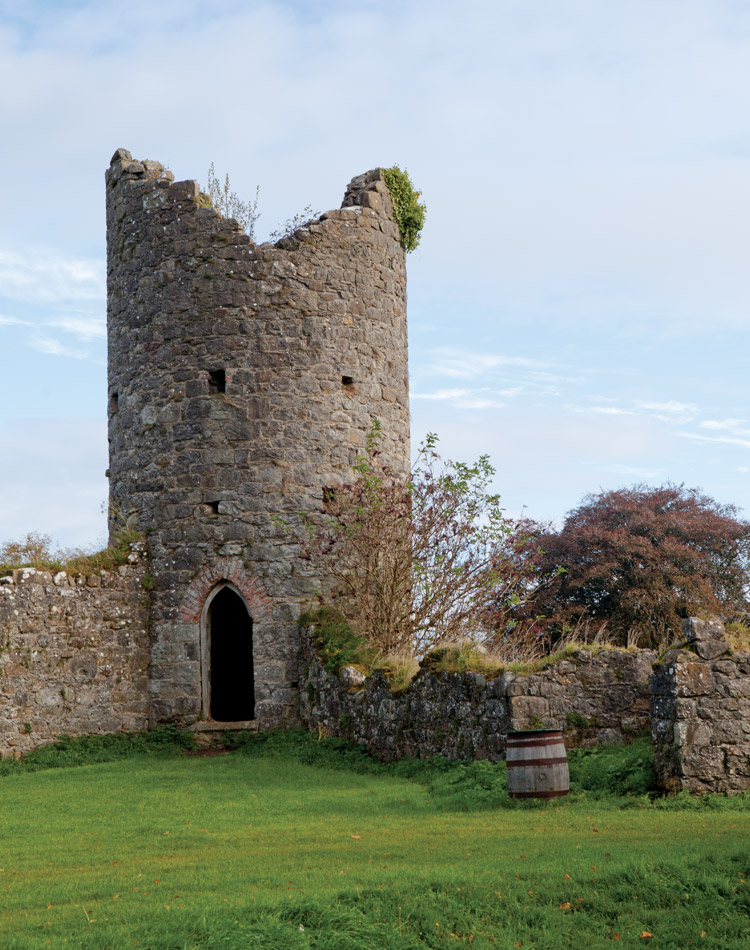 A stone tower and worn walls stand in a verdant grassy nook, evoking memories of Crom Castle’s long history.