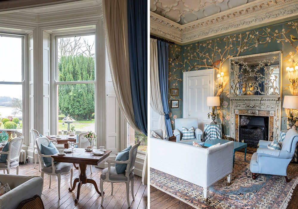 Left: A wide window opens onto the Blue Room, where afternoon tea is served. Right: Intricate patterns mingle in this sitting area inside the castle.