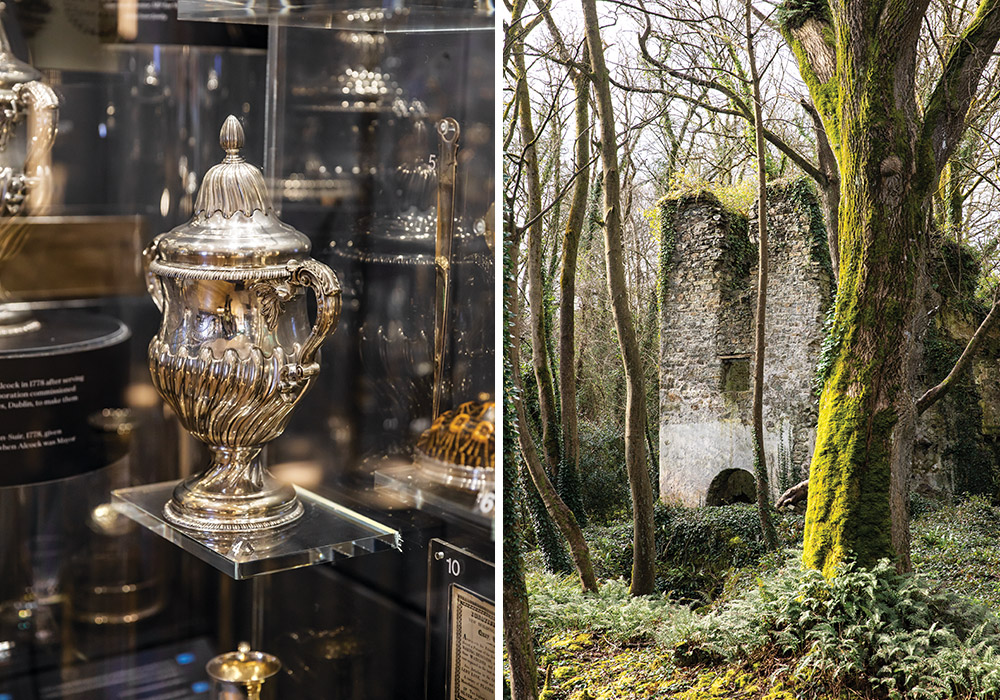  Left: A stunning piece from The Irish Silver Museum is displayed in a glass case. Right: Cloaked in moss, French Church was built in the thirteenth century.