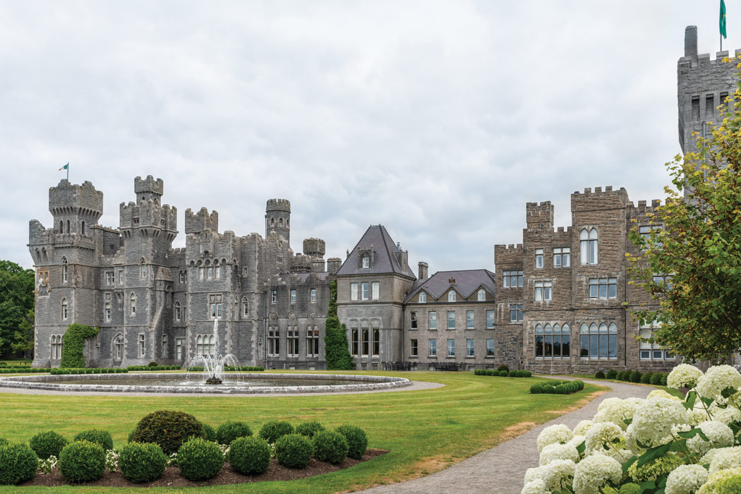 Ashford Castle’s gray stone exterior makes a remarkable silhouette on the skyline.